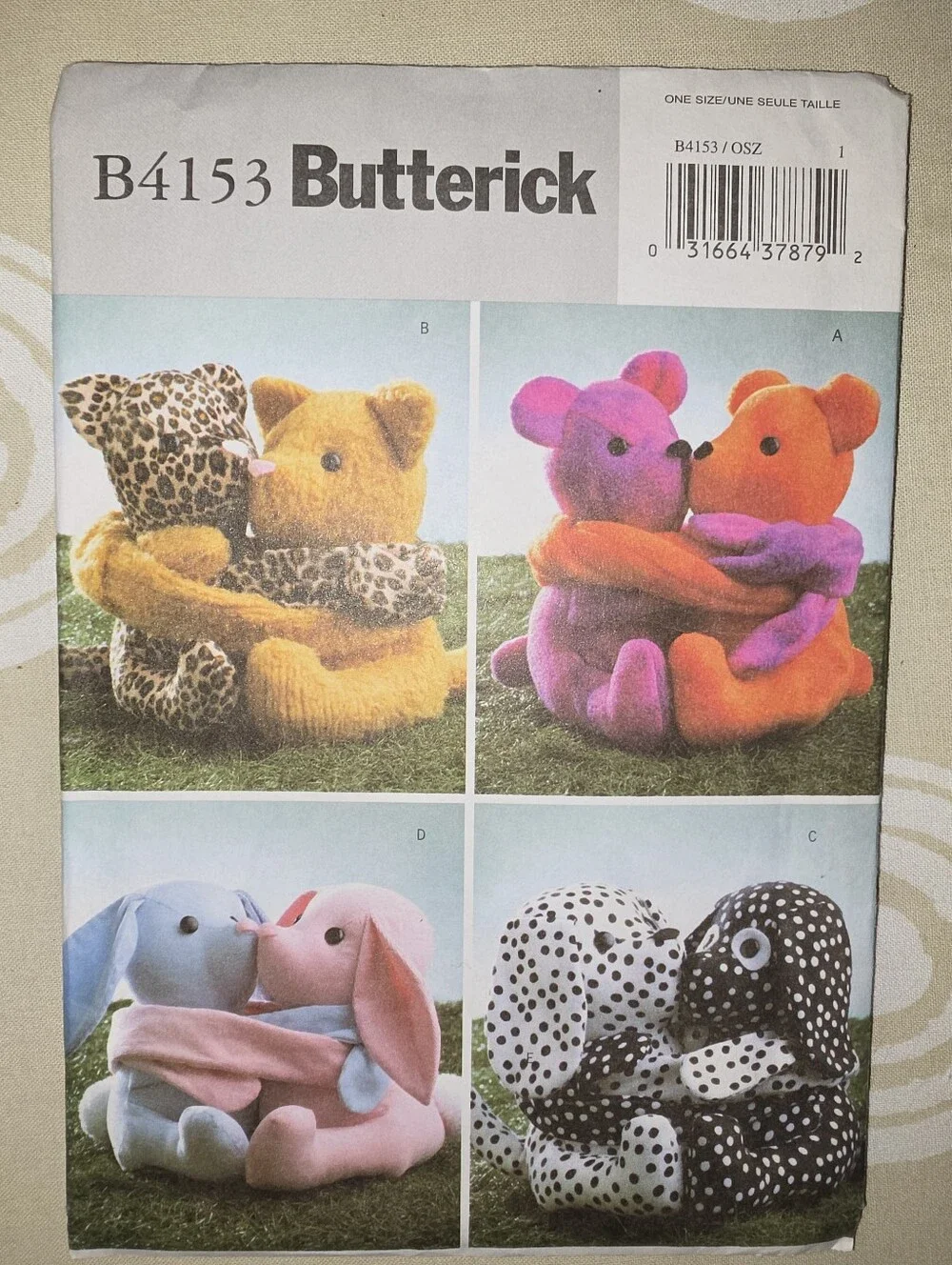 Sewing Pattern #B4153 Butterick Multi-Color Bears Kittens Bunnies & Puppies OS
